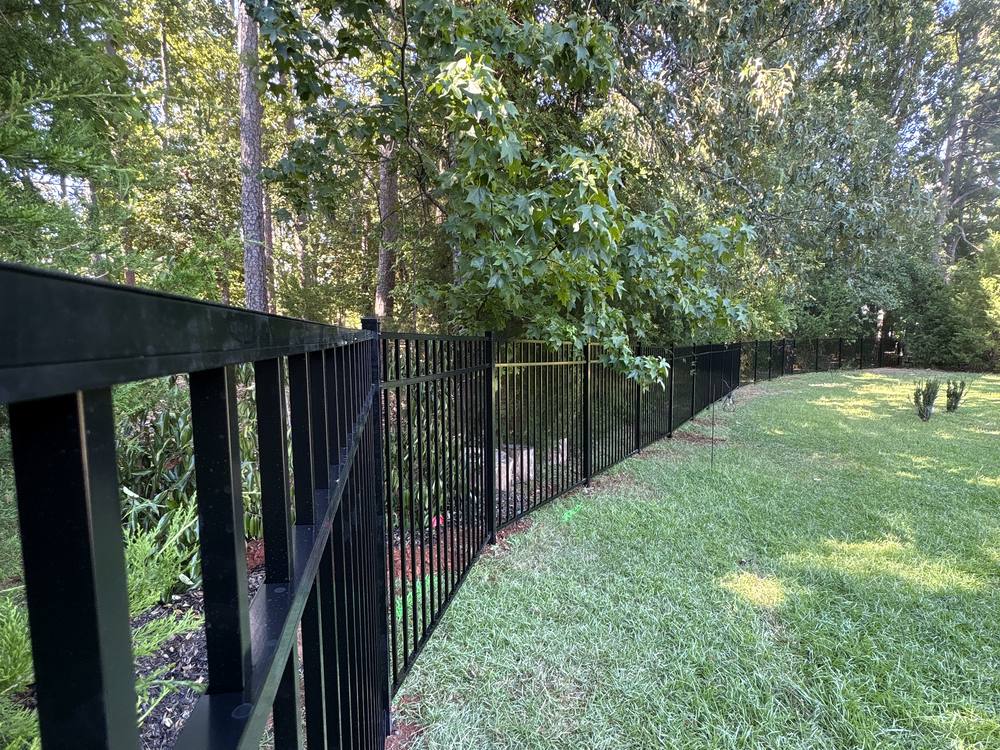 Black aluminum fence running along a long green lawn in the Midlands of South Carolina