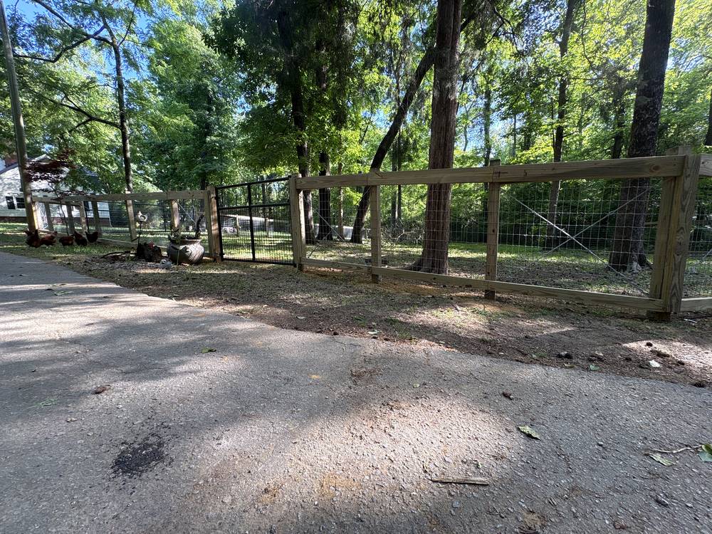 Wood and wire farm fence beside a paved drive with chickens in the yard in Chapin, SC